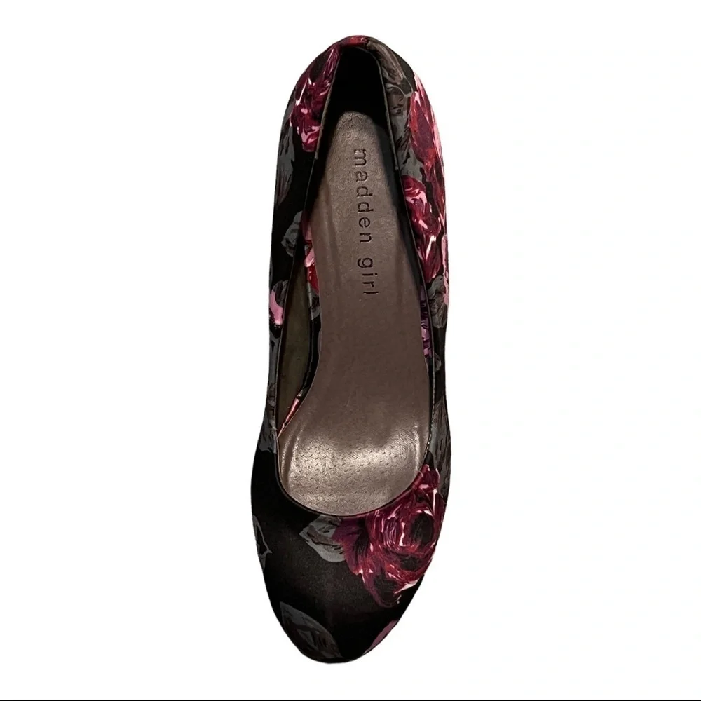 Madden Girl EXPLODE Satin Wedge Y2K Platform Heels Black Rose Glam Slip-On Shoes